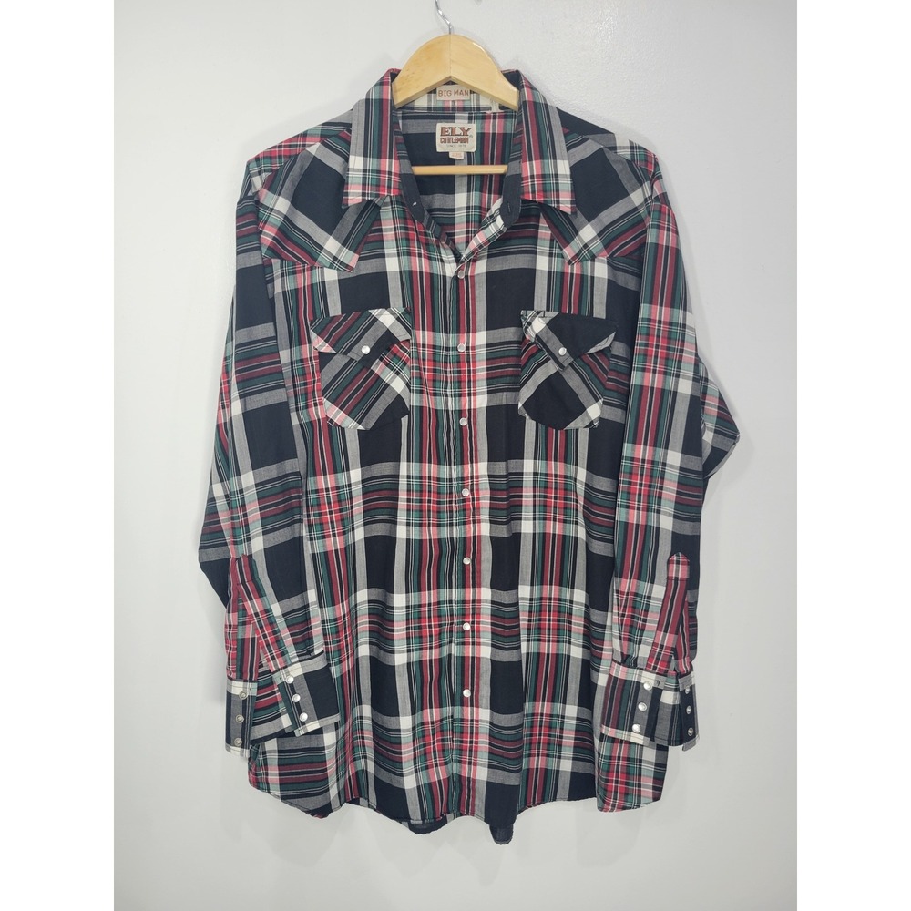 Ely Cattleman Mens Big‎ Man 2XB Plaid Western Pearl Snap Long Sleeve Shirt Black